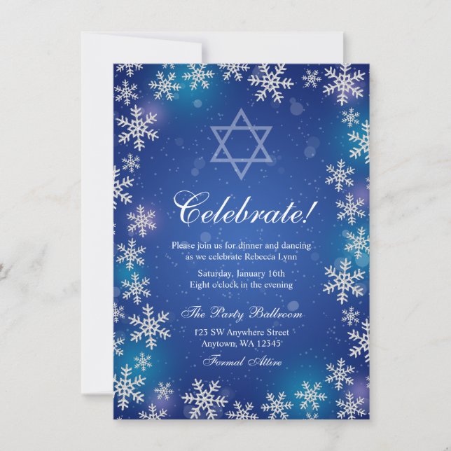Invitación Recepción de Bat Mitzvah Bat de invierno azul bril (Anverso)