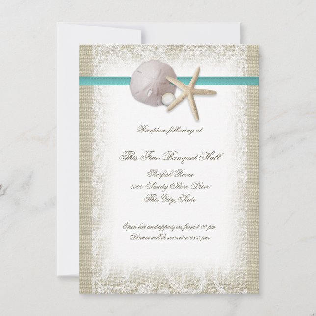 Invitación Recepción de Beach Pearl y Lace Aqua (Anverso)