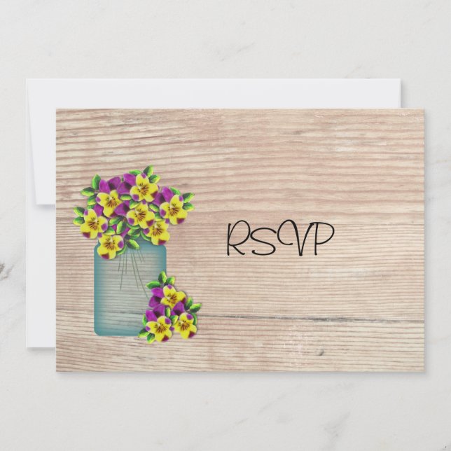 Invitación Recepción de Blue Mason Jar Pansies RSVP (Anverso)