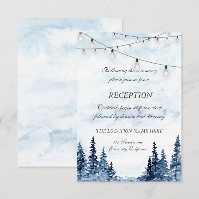 Invitación Recepción de boda acuarela en el bosque con luces  (Anverso / Reverso)