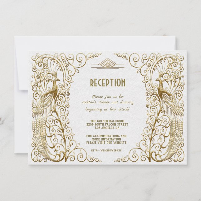 Invitación Recepción de Boda Art Déco Glam White Gold Pavo Re (Anverso)