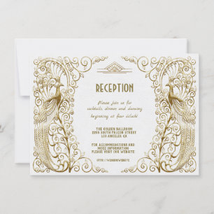 Invitación Recepción de Boda Art Déco Glam White Gold Pavo Re