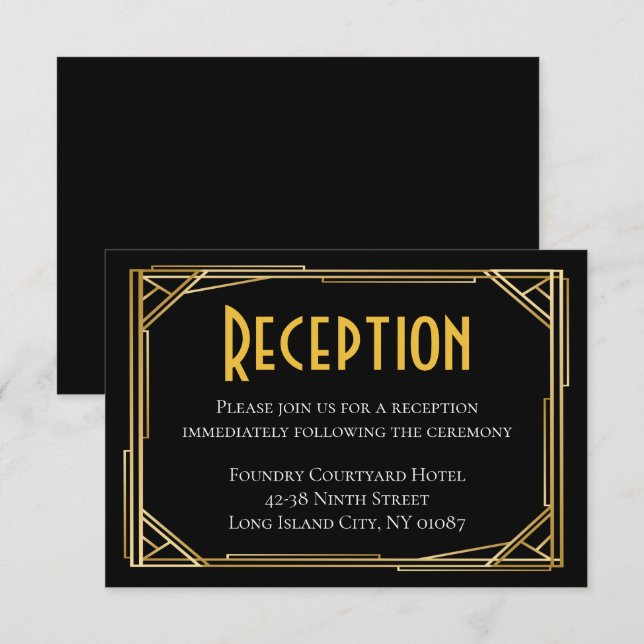 Invitación Recepción de boda Art Deco negro dorado Gran Gatsb (Anverso / Reverso)