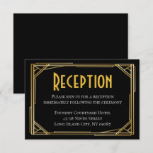 Recepción de boda Art Deco negro y dorado Gran Gat