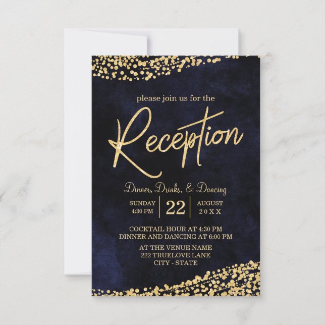 Invitación Recepción de Boda Azul Marino Acuarela y Dorado (Anverso)