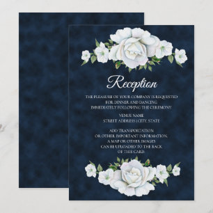 Invitación Recepción de Boda Azul Marino con Flores Blancas