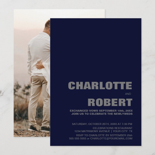 Invitación Recepción de Boda Azul Marino Moderna (Anverso / Reverso)