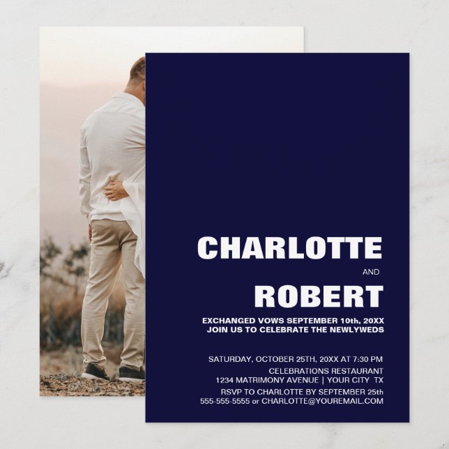 Invitación Recepción de Boda Azul Marino Moderna (Anverso / Reverso)