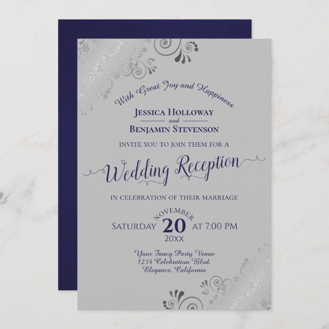 Invitación Recepción de boda azul y gris de la Marina de Guer (Anverso / Reverso)