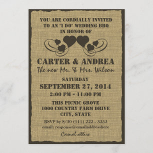 Invitación Recepción de Boda BBQ Corazones y Arpillera