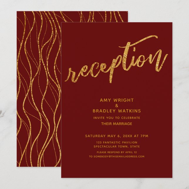 Invitación Recepción de Boda Borgoña con Olas de Oro (Anverso / Reverso)