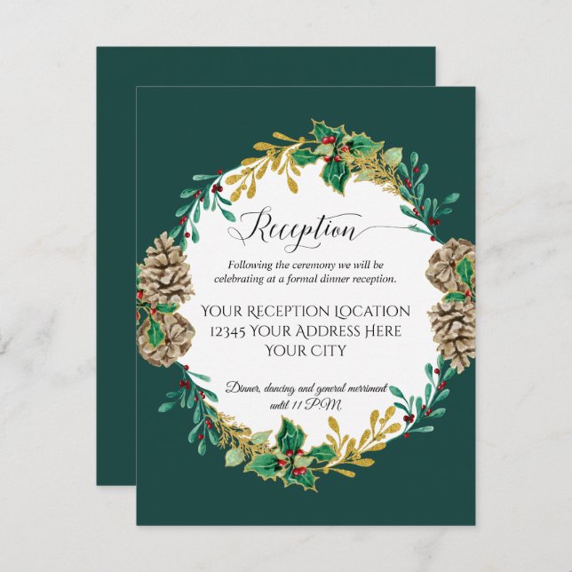 Invitación Recepción de Boda Bosque de Navidad Dorado (Anverso / Reverso)
