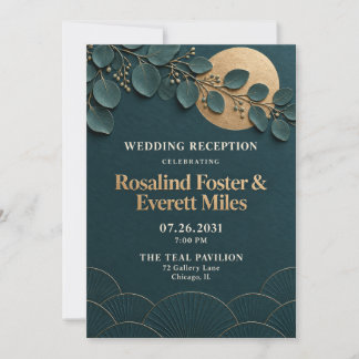 Invitación Recepción de Boda Botánica 3D en Turquesa y Oro de