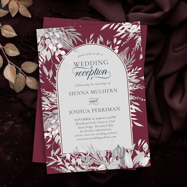 Invitación Recepción de Boda Botánica Arch Borgoña (Wedding Reception invitation in Burgundy and Grey from the Foliage Duet Collection by Darling & May)