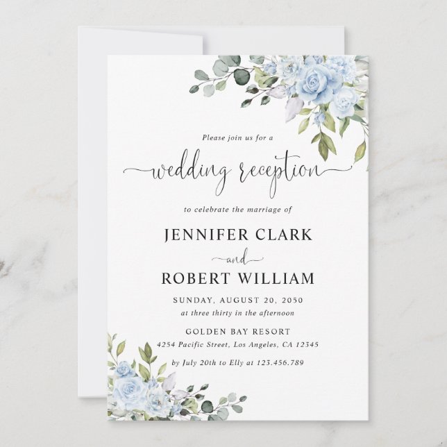 Invitación Recepción de Boda Botánica Azul Suave (Anverso)