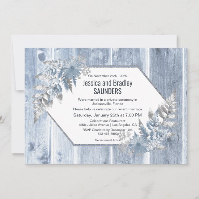 Invitación Recepción de Boda Botánica de Madera Azul Polvorie (Anverso)