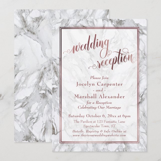 Invitación Recepción de Boda Caligrafía Mármol Oro Rosa (Anverso / Reverso)