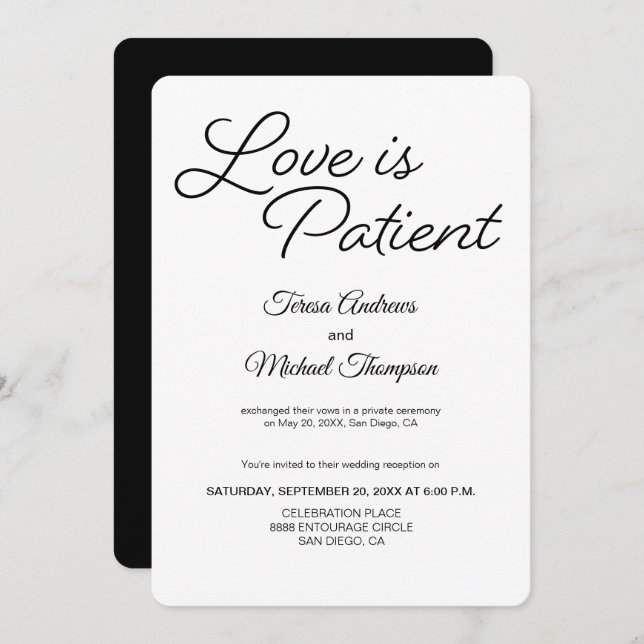 Invitación Recepción de Boda Chic Amor es Paciente (Anverso / Reverso)