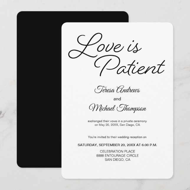 Invitación Recepción de Boda Chic el Amor es Paciente (Anverso / Reverso)