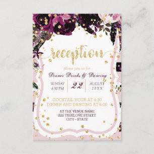 Invitación Recepción de Boda Chic Morado Floral Confeti Dorad