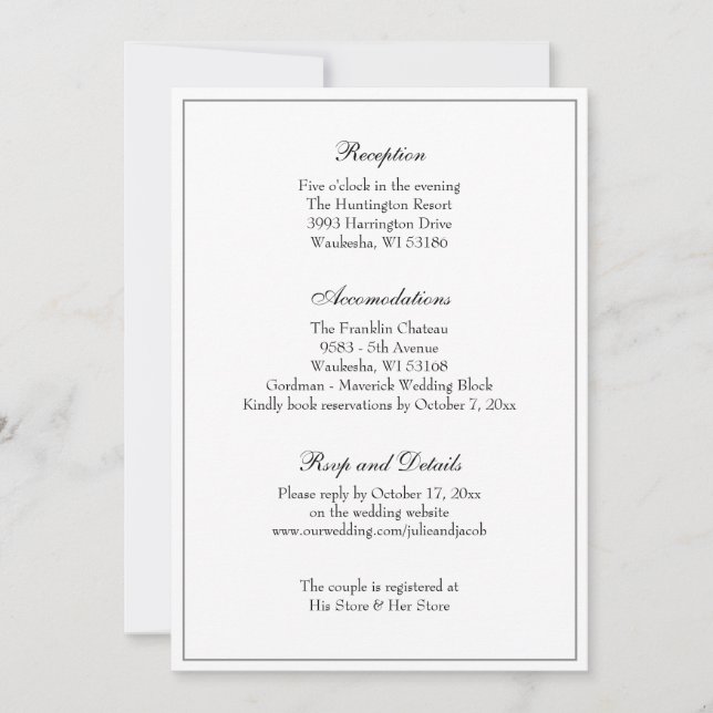 Invitación Recepción de boda clásica elegante en blanco y neg (Anverso)