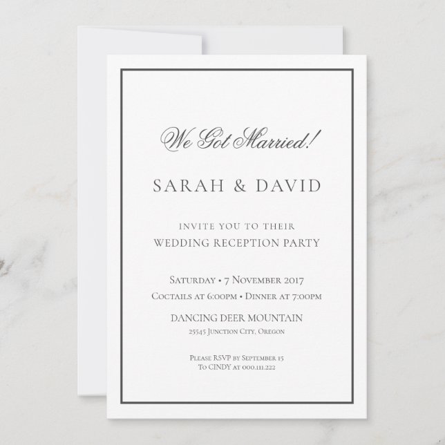 Invitación Recepción de Boda Clásica en Blanco y Negro (Anverso)