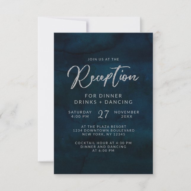Invitación Recepción de Boda con Acuarela Azul Oscuro Lustre  (Anverso)