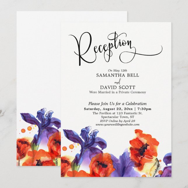 Invitación Recepción de Boda con Acuarela Floral Rojo Púrpura (Anverso / Reverso)