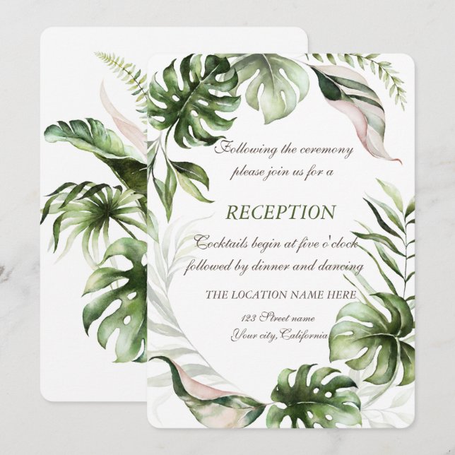 Invitación Recepción de boda con acuarelas de hojas tropicale (Anverso / Reverso)