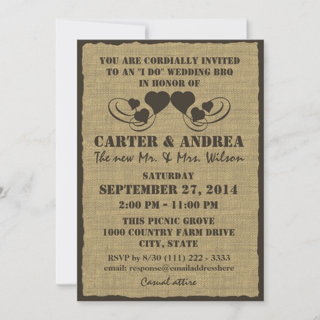 Invitación Recepción de boda con BBQ Corazones y Arpillera (Anverso)