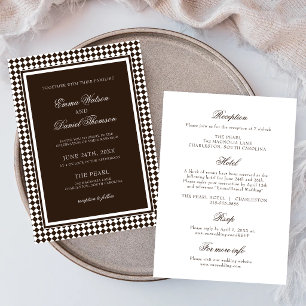 Invitación Recepción de Boda con Borde de Arlequín en Marrón