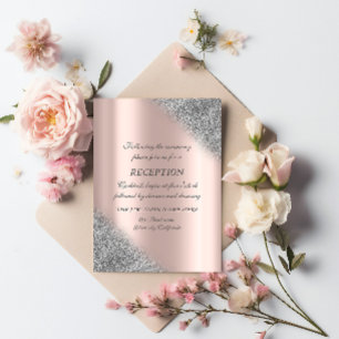 Invitación Recepción de Boda con Brillo de Plata y Rosa de Or