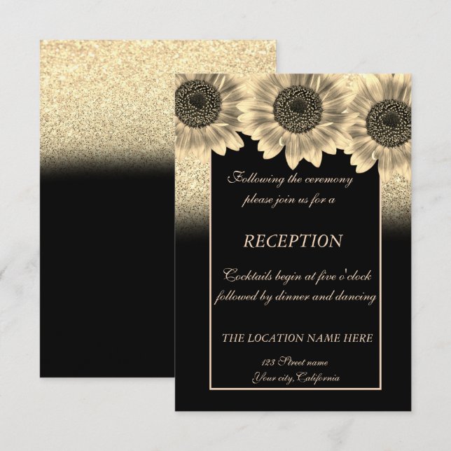 Invitación Recepción de boda con brillo, girasoles y oro (Anverso / Reverso)
