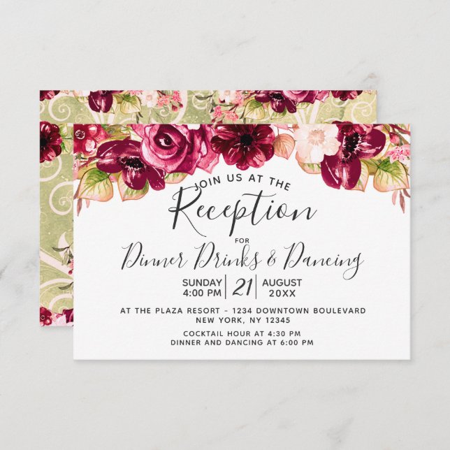 Invitación Recepción de Boda con Caída Floral Rosa Rubor Borg (Anverso / Reverso)