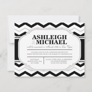 Invitación Recepción de Boda con Chevron Blanco y Gris y Negr