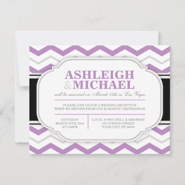 Invitación Recepción de Boda con Chevron Gris y Morado SOLAME (Anverso)