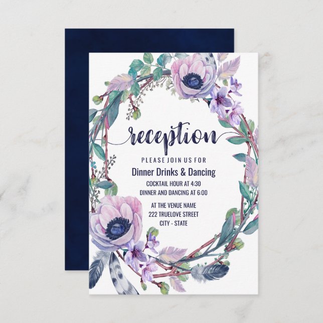 Invitación Recepción de Boda con Corona Floral y de Plumas Bo (Anverso / Reverso)