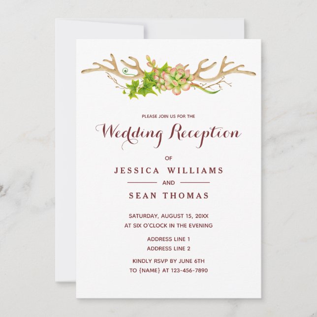 Invitación Recepción de boda con cuernos rústicos y flores si (Anverso)