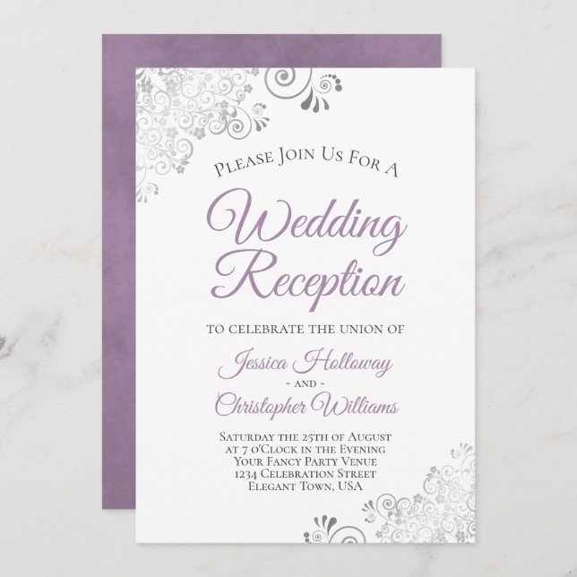 Invitación Recepción de boda con encaje de plata sobre lavand (Anverso / Reverso)