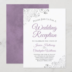 Invitación Recepción de boda con encaje de plata sobre lavand