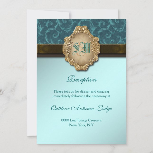 Invitación Recepción de boda con encaje dorado marrón azul (Anverso)
