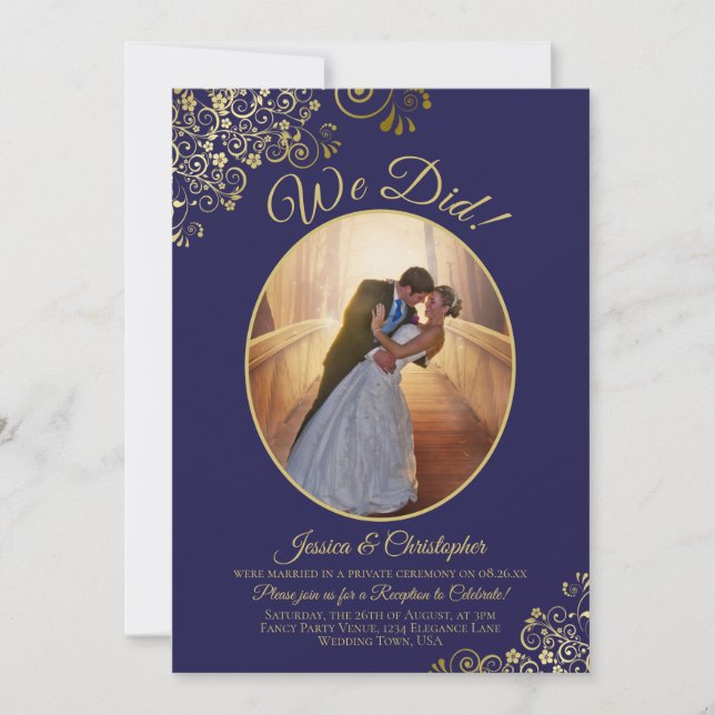 Invitación Recepción de Boda con Encaje Dorado sobre Azul Mar (Anverso)