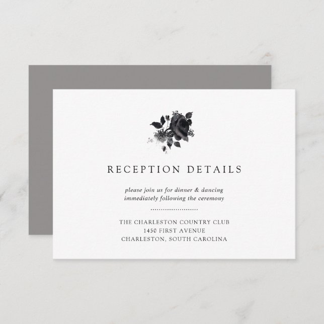 Invitación Recepción de Boda con Flores de Acuarela en Negro (Anverso / Reverso)