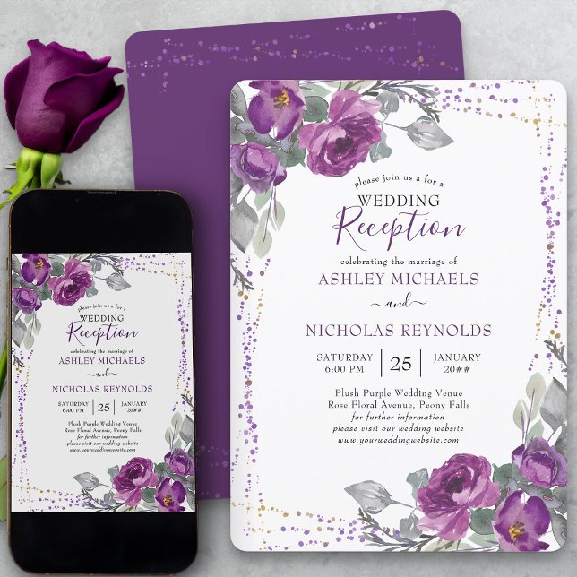 Invitación Recepción de boda con flores moradas y confeti sol (Elegant purple floral wedding reception only invitation from my Plush Purple Wedding Collection)