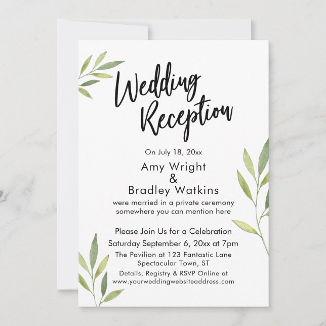 Invitación Recepción de Boda con Follaje en Acuarela Verde (Anverso)