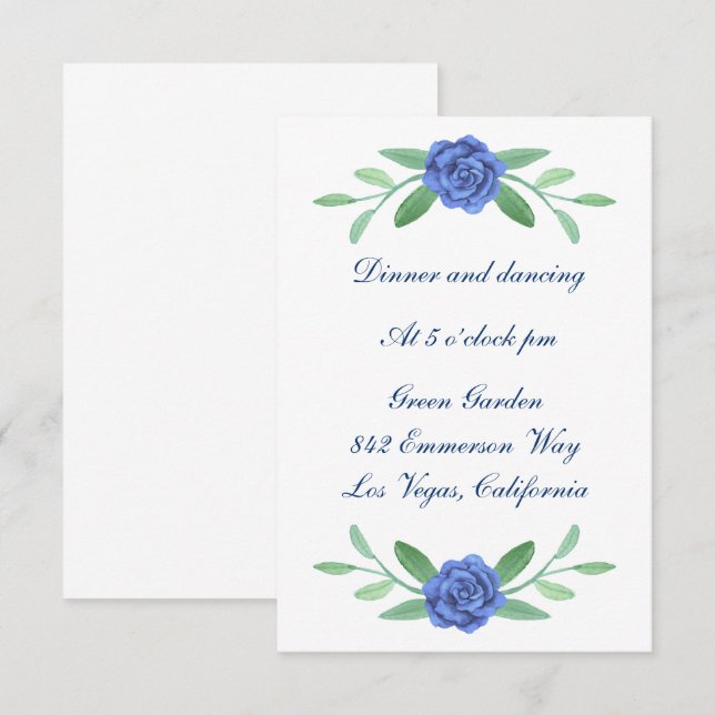 Invitación Recepción de Boda con Follaje Floral Azul y Verdor (Anverso / Reverso)