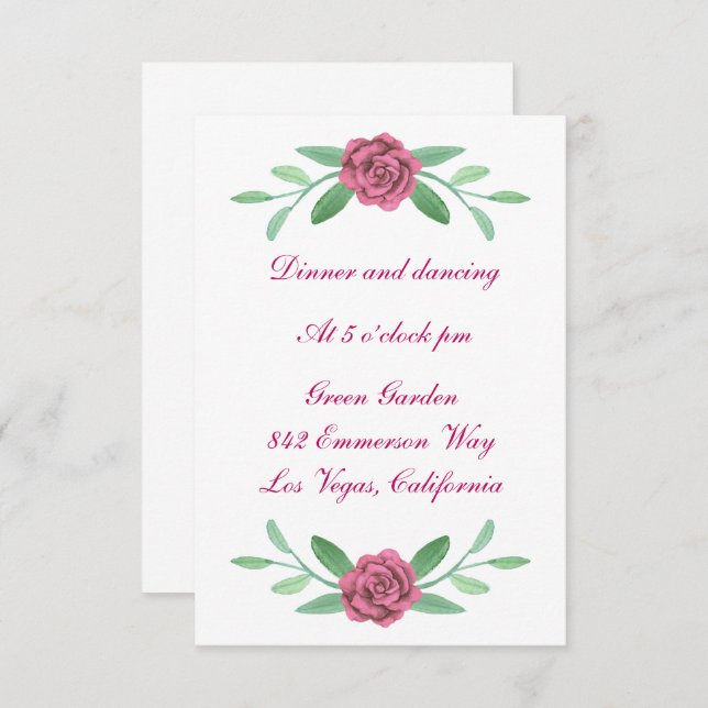Invitación Recepción de Boda con Follaje y Floral Rosa (Anverso / Reverso)