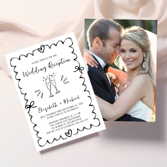 Invitación Recepción de Boda con Foto en Marco Ondulado Capri (Whimsical Wavy Frame Photo Wedding Reception Invitation)