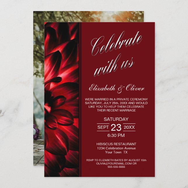 Invitación Recepción de boda con foto floral roja (Anverso / Reverso)