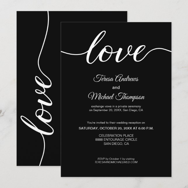 Invitación Recepción de boda con fuga elegante en blanco y ne (Anverso / Reverso)